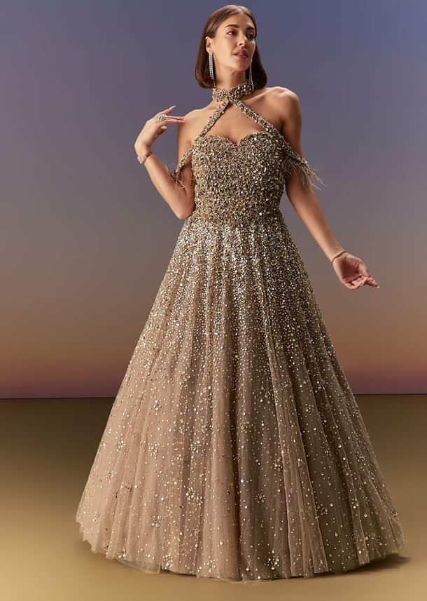Gold Halter Neck Gown With Cut Out Back And Embellished Bodice