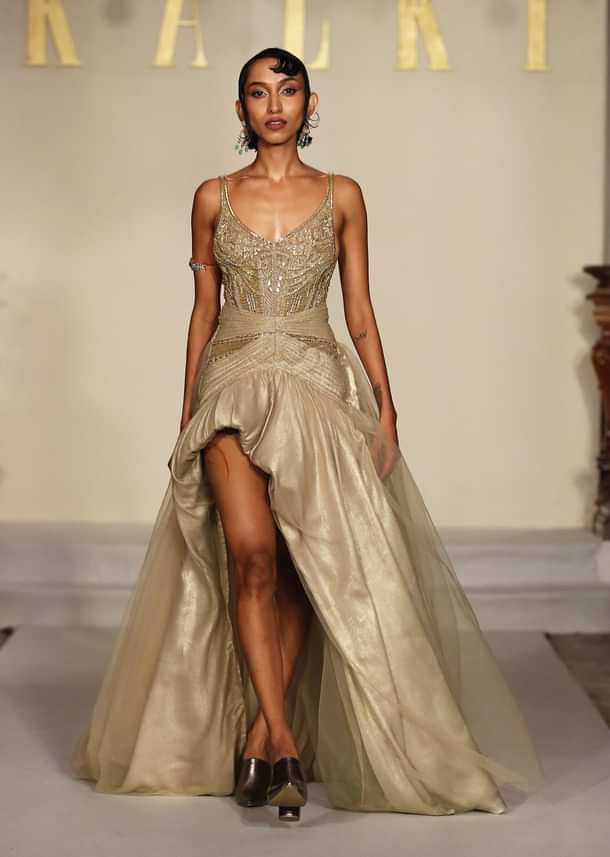 Gold Metallic Hand Embroidered Bridal Gown With Asymmetric Fall