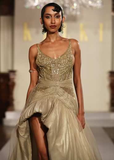 Gold Metallic Hand Embroidered Bridal Gown With Asymmetric Fall