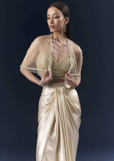 Gold Net Crop Top And Drape Skirt Set With Cutdana And Beads Work