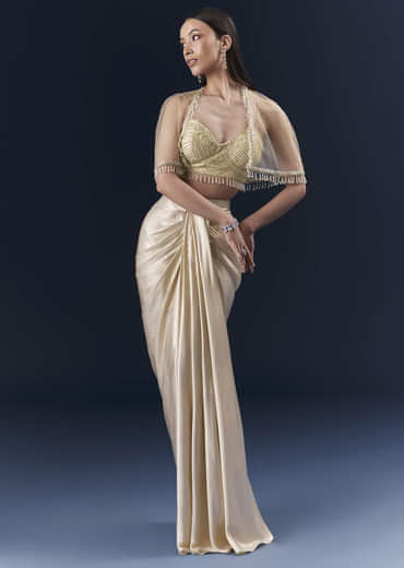 Gold Net Crop Top And Drape Skirt Set With Cutdana And Beads Work