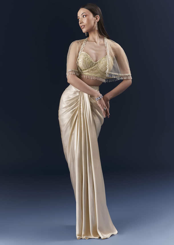 Gold Net Crop Top And Drape Skirt Set With Cutdana And Beads Work