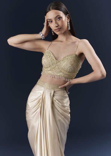 Gold Net Crop Top And Drape Skirt Set With Cutdana And Beads Work