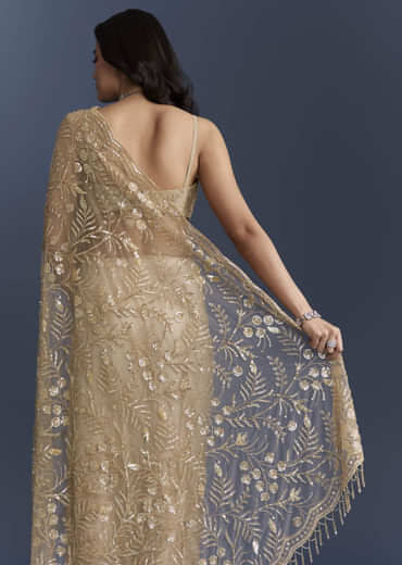 Gold Net Saree With Floral Sequins Work