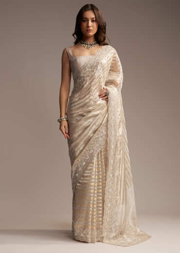 Gold Organza Saree with Cutdana and Sequins Embroidery Gold Organza Saree with Cutdana and Sequins Embroidery