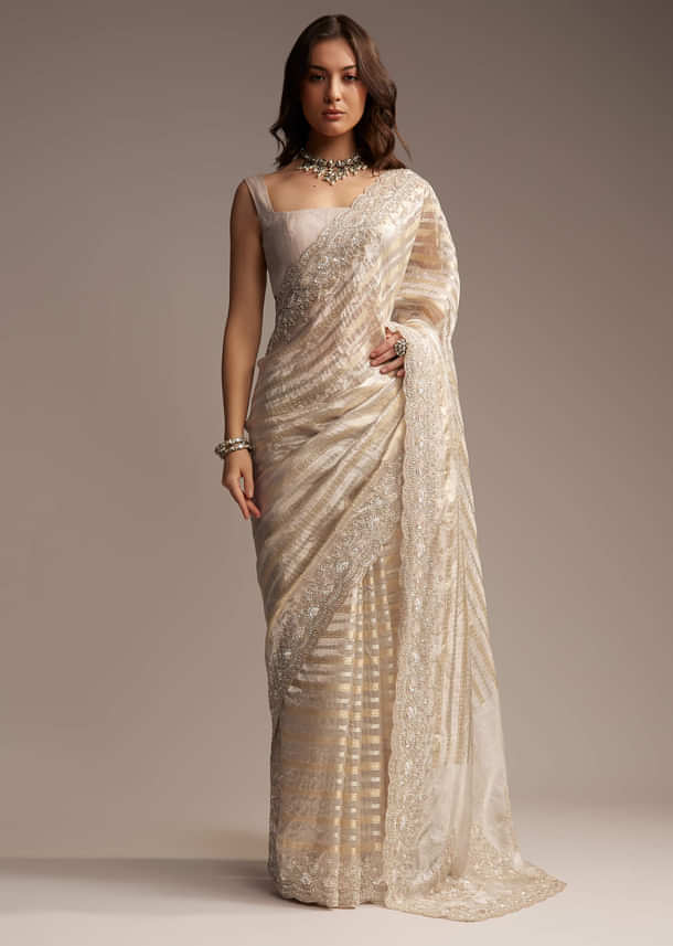 Gold Organza Saree with Cutdana and Sequins Embroidery