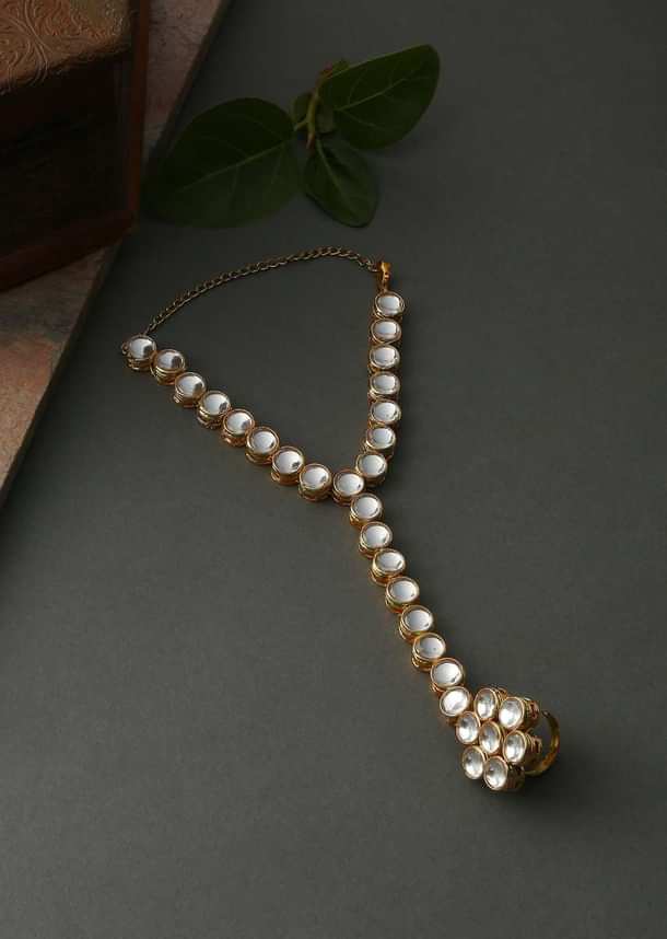 Gold Plated Hand Harness With Beautifully Handcrafted Floral Design Adorned In Kundan Work By Paisley Pop