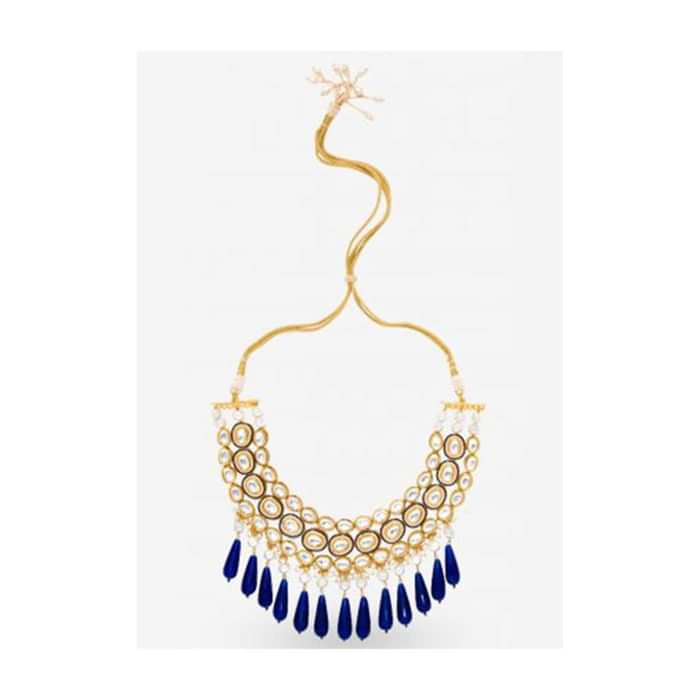 Gold Plated Necklace Adorned With Kundan, Pearls And Dangling Blue Beads By Prerto