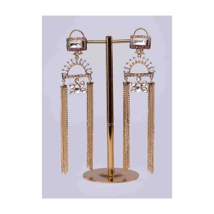 Gold plated sleek tassel earring with kundan stone only on Kalki
