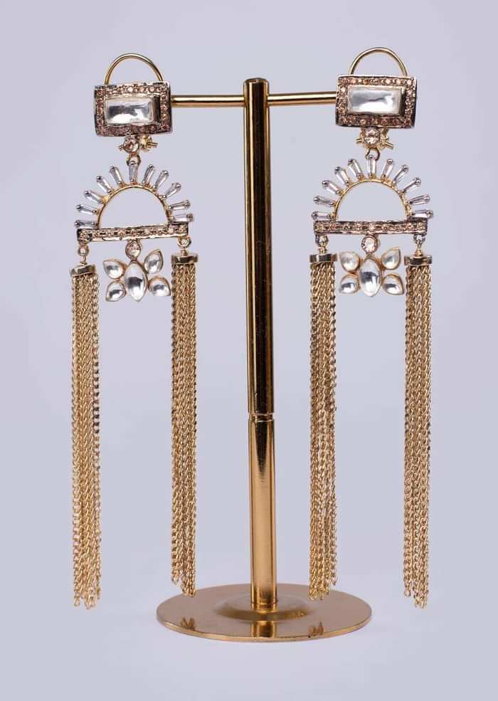Gold plated sleek tassel earring with kundan stone only on Kalki