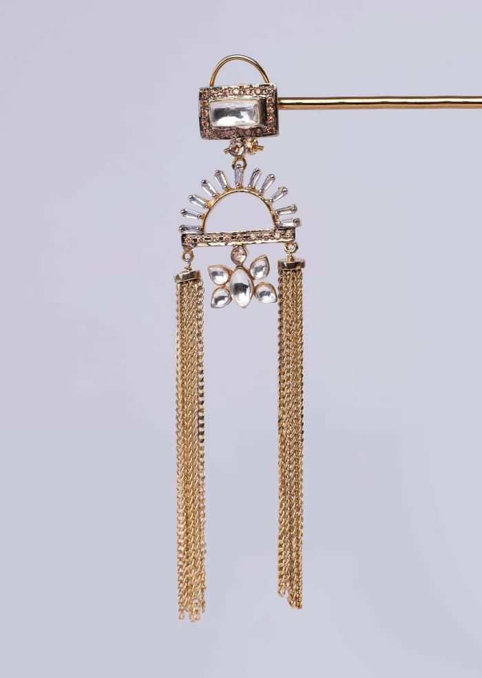 Gold plated sleek tassel earring with kundan stone only on Kalki
