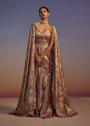 Gold Printed Drape Skirt And Blouse Set With Choker Dupatta