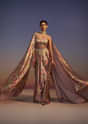 Gold Printed Drape Skirt And Blouse Set With Choker Dupatta