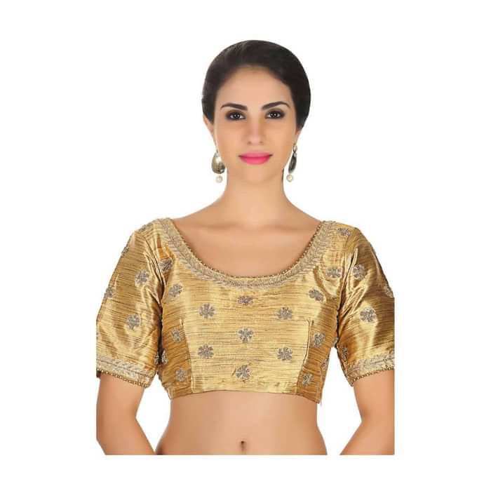 Gold raw silk blouse with moti embroider butti only on Kalki