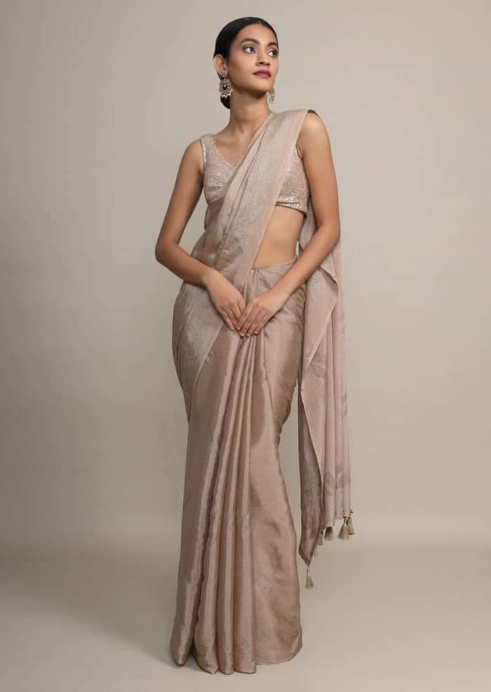 Gold Saree In Chinon Chiffon With Badla Embroidered Buttis And Chevron Border Online - Kalki Fashion