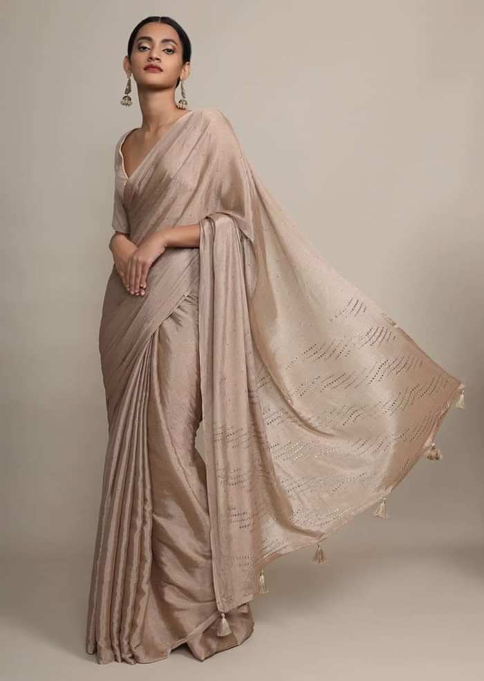 Gold Saree In Chinon Chiffon With Badla Embroidered Buttis And Chevron Border Online - Kalki Fashion