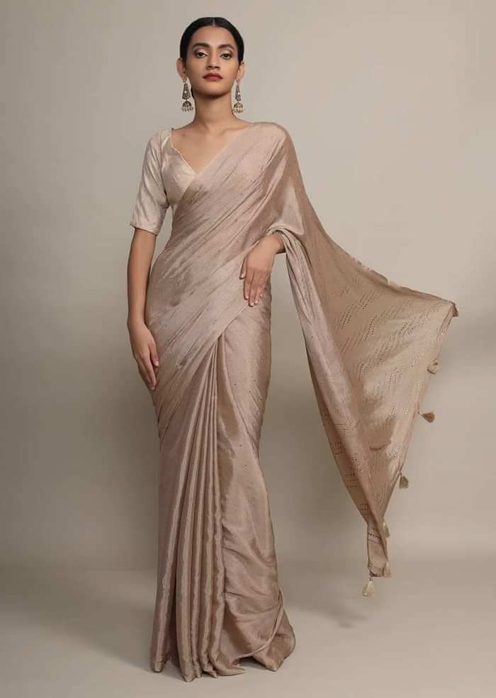 Gold Saree In Chinon Chiffon With Badla Embroidered Buttis And Chevron Border Online - Kalki Fashion
