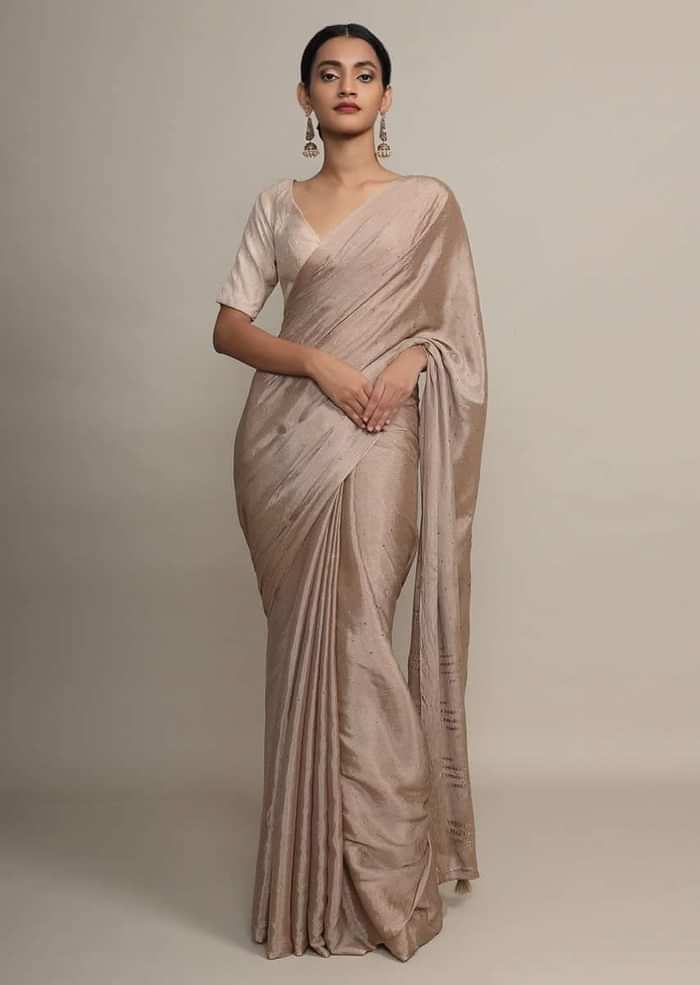 Gold Saree In Chinon Chiffon With Badla Embroidered Buttis And Chevron Border Online - Kalki Fashion