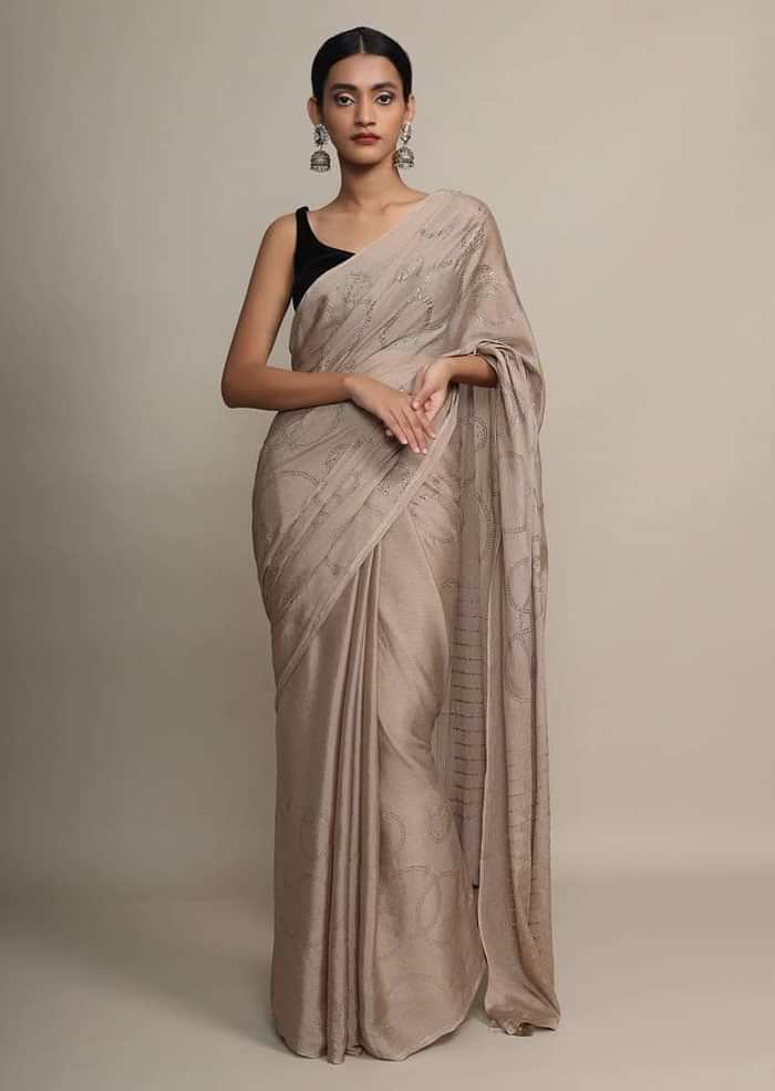 Gold Saree In Chinon Chiffon With Badla Embroidered Round Motifs And Striped Pallu Online - Kalki Fashion