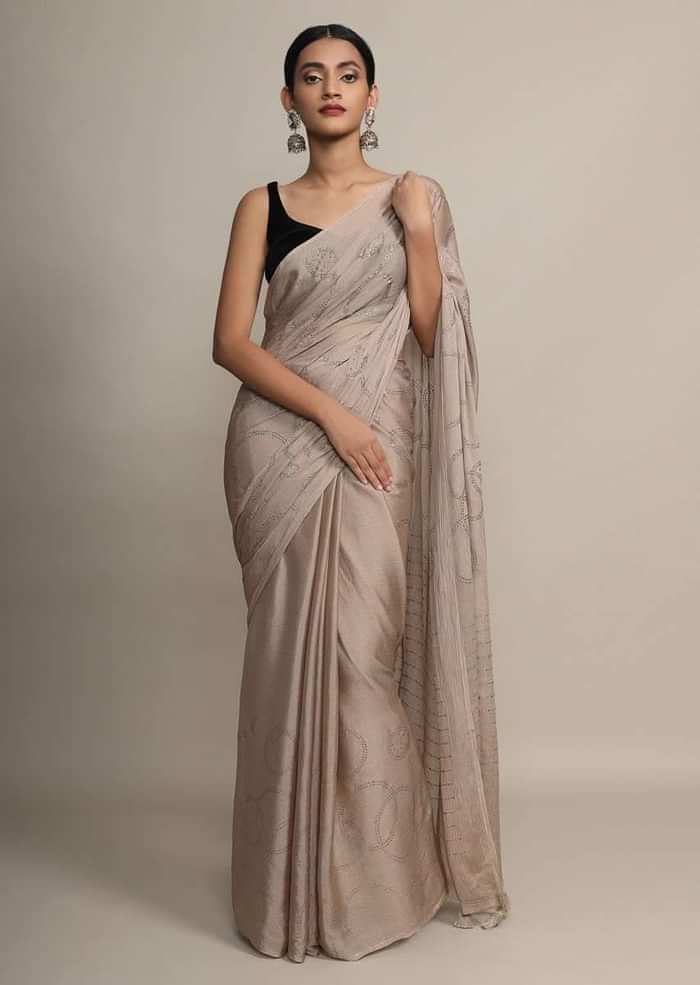 Gold Saree In Chinon Chiffon With Badla Embroidered Round Motifs And Striped Pallu Online - Kalki Fashion