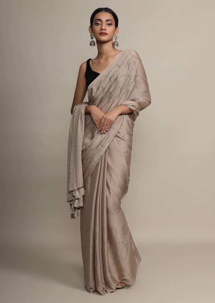 Gold Saree In Chinon Chiffon With Badla Embroidered Round Motifs And Striped Pallu Online - Kalki Fashion