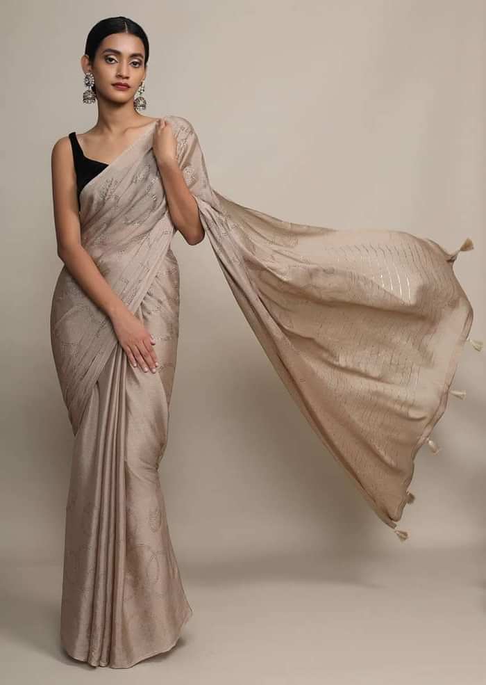 Gold Saree In Chinon Chiffon With Badla Embroidered Round Motifs And Striped Pallu Online - Kalki Fashion