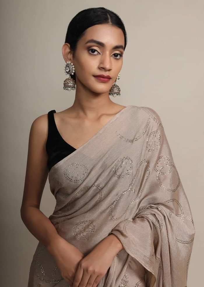 Gold Saree In Chinon Chiffon With Badla Embroidered Round Motifs And Striped Pallu Online - Kalki Fashion