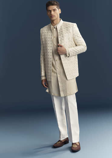 Gold Silk Kurta Jacket Set For Men With Embellishments