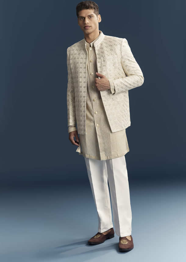 Gold Silk Kurta Jacket Set For Men With Embellishments Gold Silk Kurta Jacket Set For Men With Embellishments