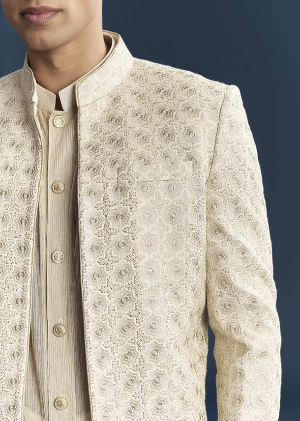 Gold Silk Kurta Jacket Set For Men With Embellishments Gold Silk Kurta Jacket Set For Men With Embellishments
