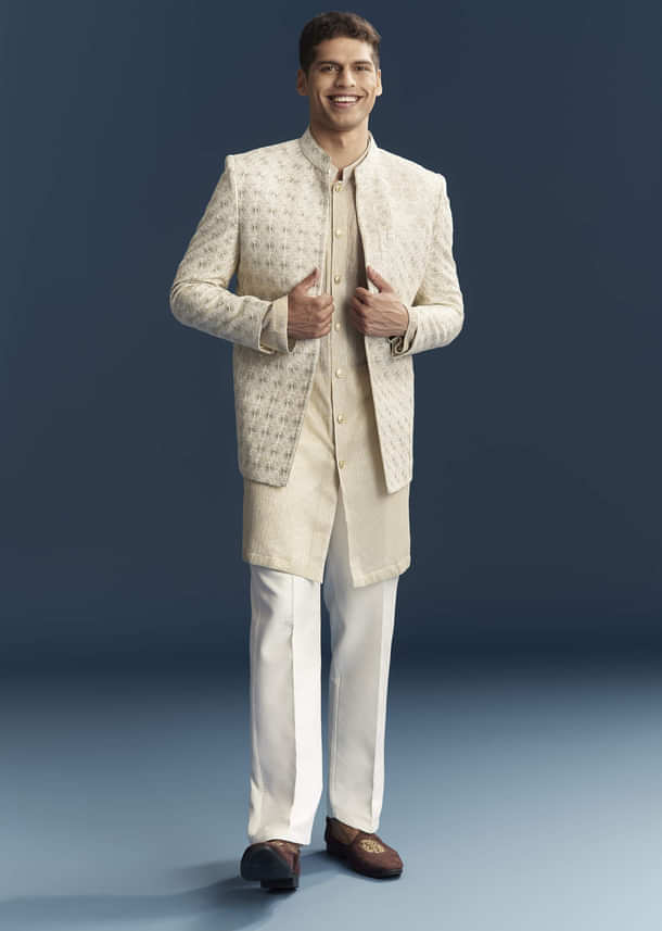 Gold Silk Kurta Jacket Set For Men With Embellishments Gold Silk Kurta Jacket Set For Men With Embellishments