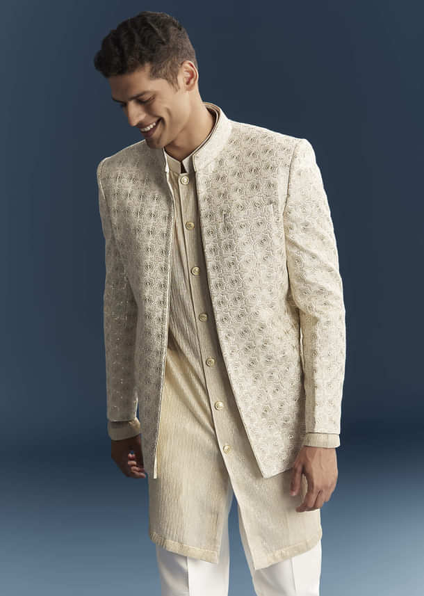 Gold Silk Kurta Jacket Set For Men With Embellishments Gold Silk Kurta Jacket Set For Men With Embellishments