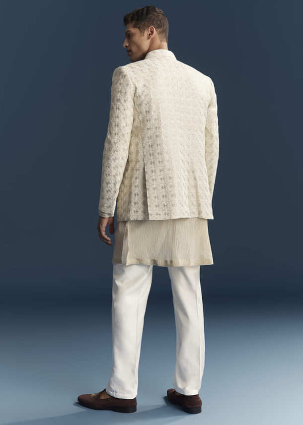 Gold Silk Kurta Jacket Set For Men With Embellishments Gold Silk Kurta Jacket Set For Men With Embellishments