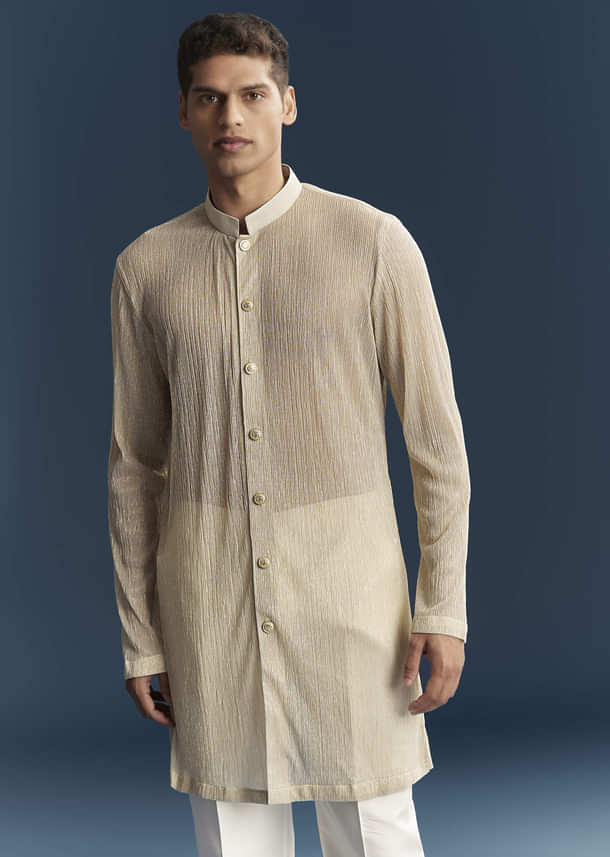Gold Silk Kurta Jacket Set For Men With Embellishments Gold Silk Kurta Jacket Set For Men With Embellishments