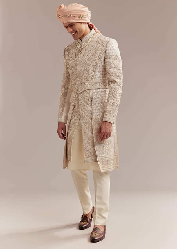 Gold Silk Sherwani For Groom With Heavy Hand Embroidery