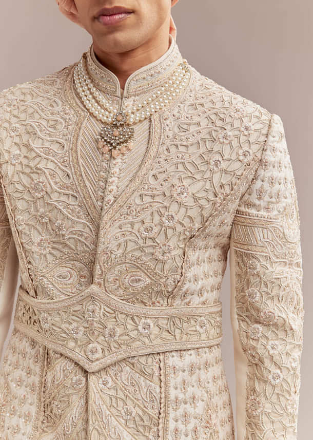 Gold Silk Sherwani For Groom With Heavy Hand Embroidery