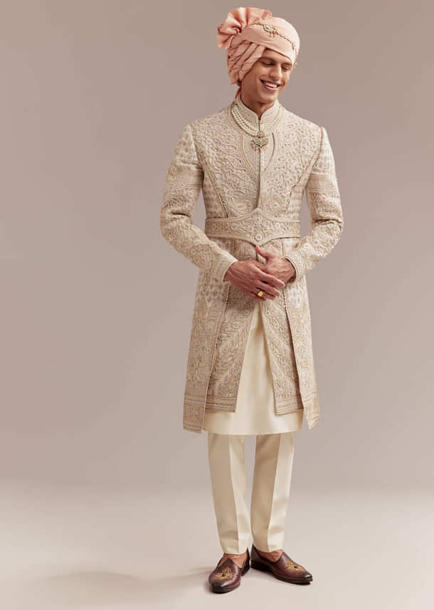 Gold Silk Sherwani For Groom With Heavy Hand Embroidery