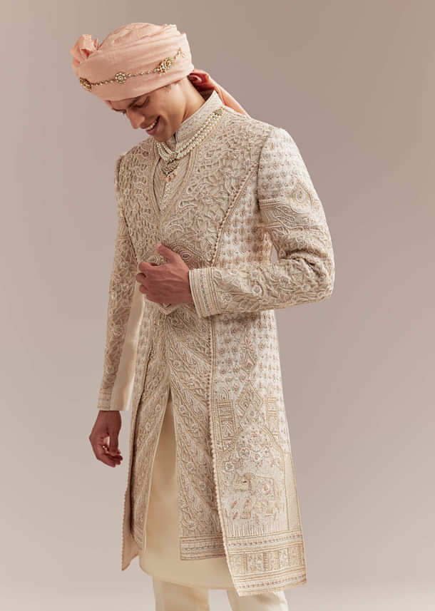 Gold Silk Sherwani For Groom With Heavy Hand Embroidery
