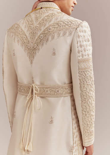 Gold Silk Sherwani For Groom With Heavy Hand Embroidery