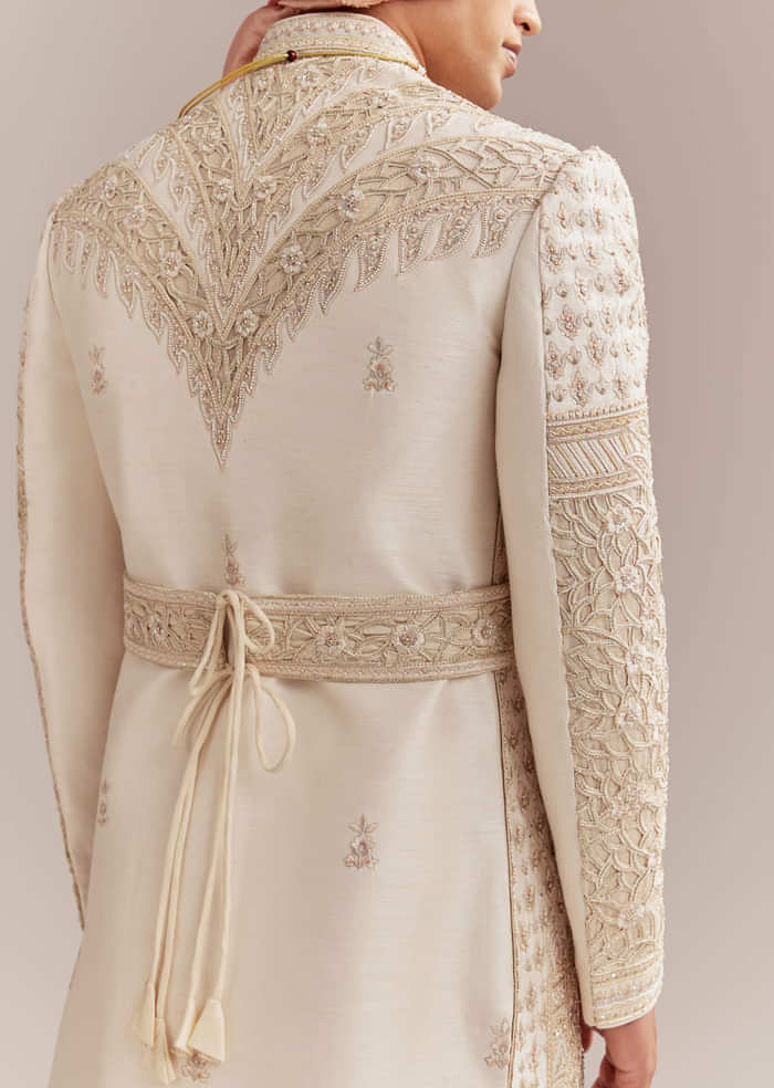 Gold Silk Sherwani For Groom With Heavy Hand Embroidery