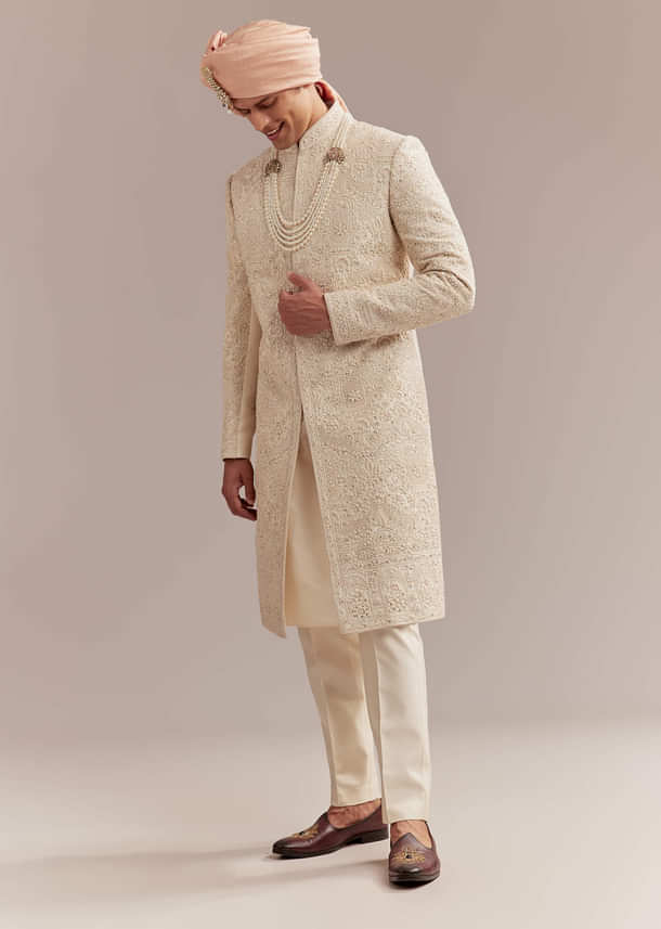 Gold Silk Sherwani For Groom With Heavy Hand Work