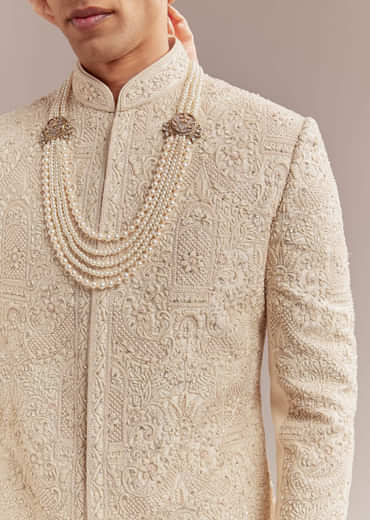 Gold Silk Sherwani For Groom With Heavy Hand Work