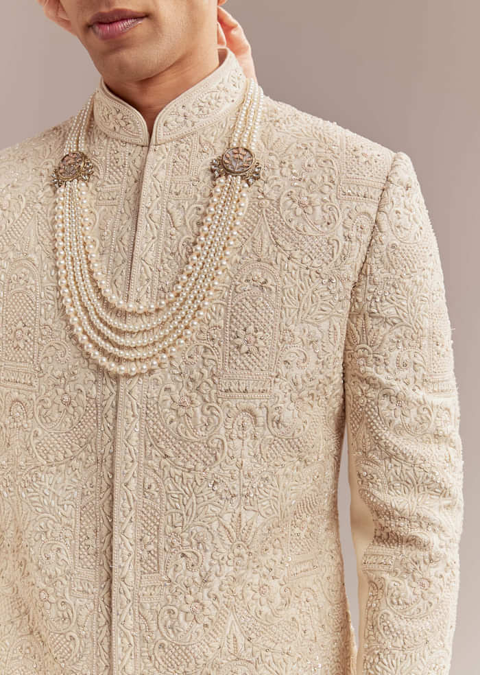 Gold Silk Sherwani For Groom With Heavy Hand Work
