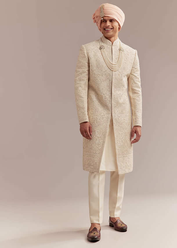 Gold Silk Sherwani For Groom With Heavy Hand Work