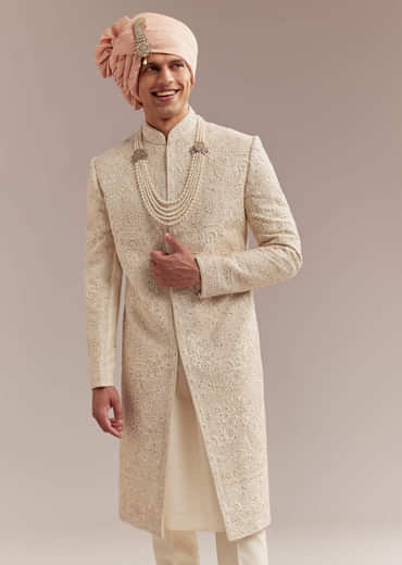 Gold Silk Sherwani For Groom With Heavy Hand Work