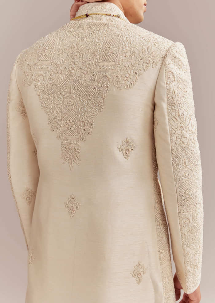Gold Silk Sherwani For Groom With Heavy Hand Work