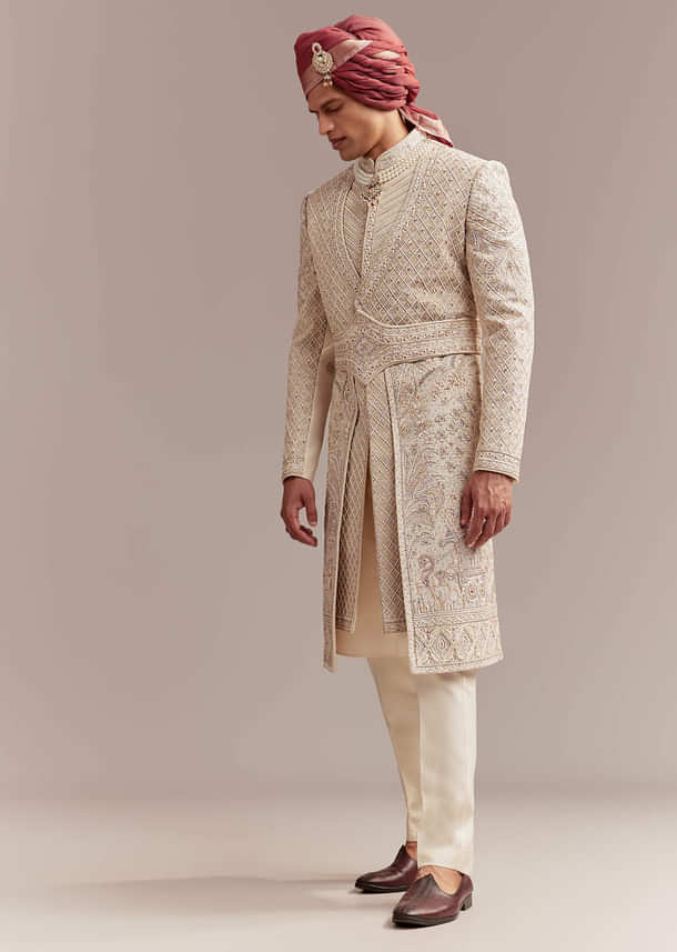Gold Silk Sherwani For Groom With Intricate Hand Work