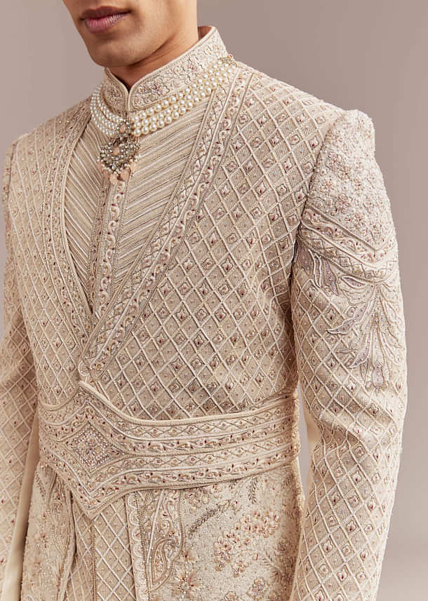 Gold Silk Sherwani For Groom With Intricate Hand Work