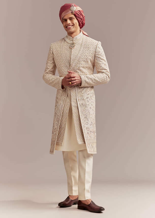 Gold Silk Sherwani For Groom With Intricate Hand Work
