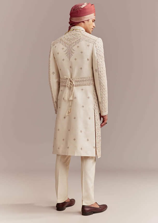 Gold Silk Sherwani For Groom With Intricate Hand Work